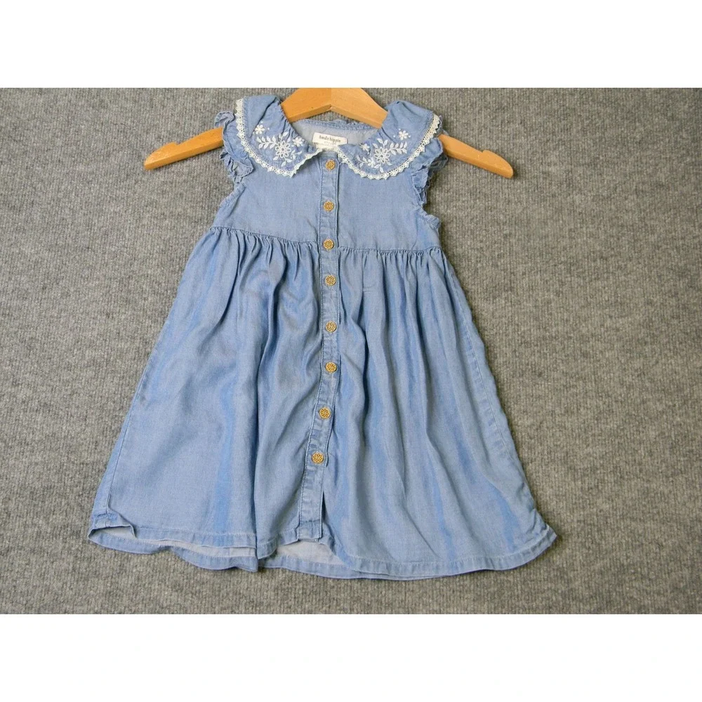 Haute Hippie Style Girls 3T Blue Chambray Dress Floral Embroidered Lace Collar